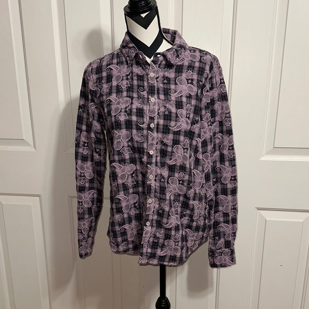 CP Shades Black and Purple Plaid Embroidered Top